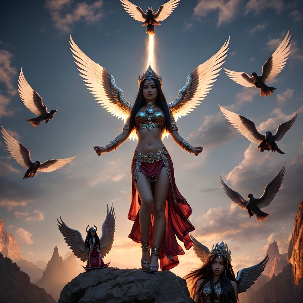 Winged female figure with crown on rock surrounded by birds and mountains.