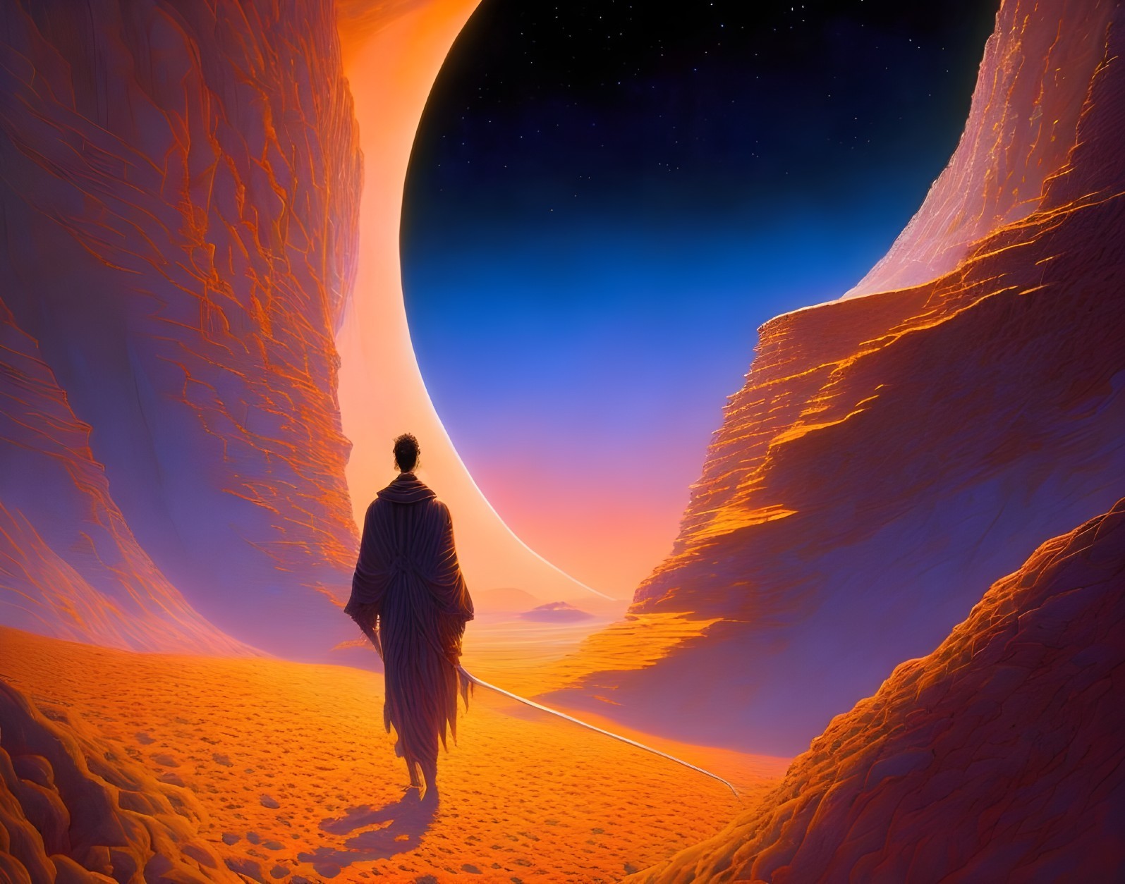 Cloaked figure walking towards luminous planet in desert canyon