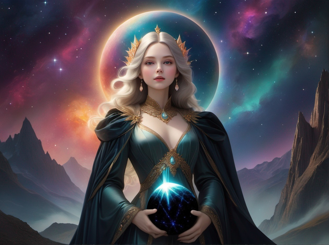 Regal Woman with Crown and Glowing Orb in Cosmos