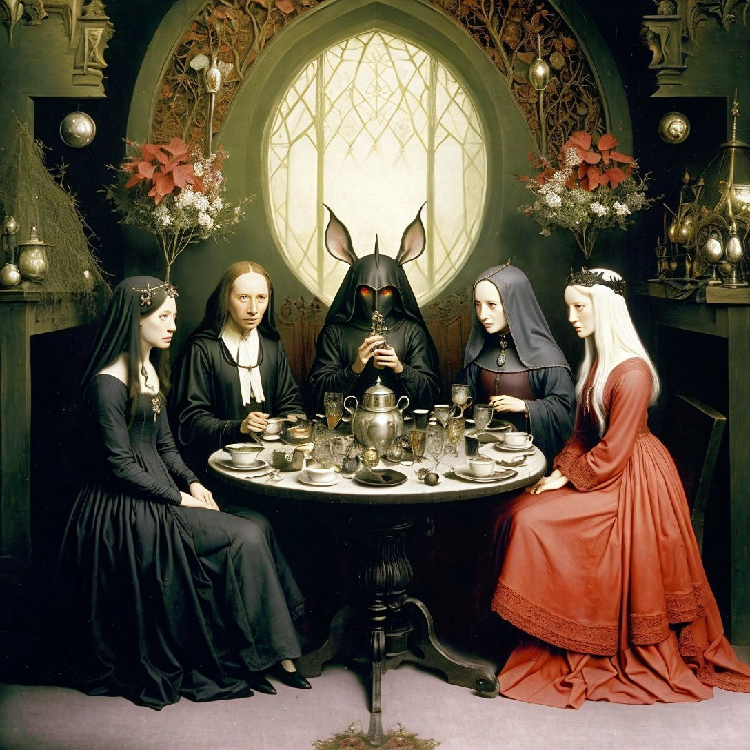 Surreal Painting of Figures at a Table with Rabbit Head