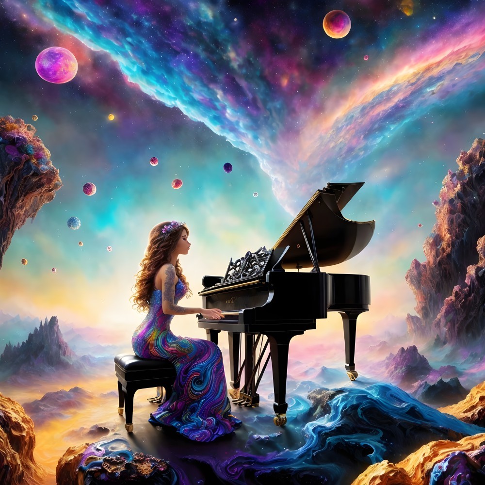 Woman at Grand Piano in Surreal Cosmic Landscape