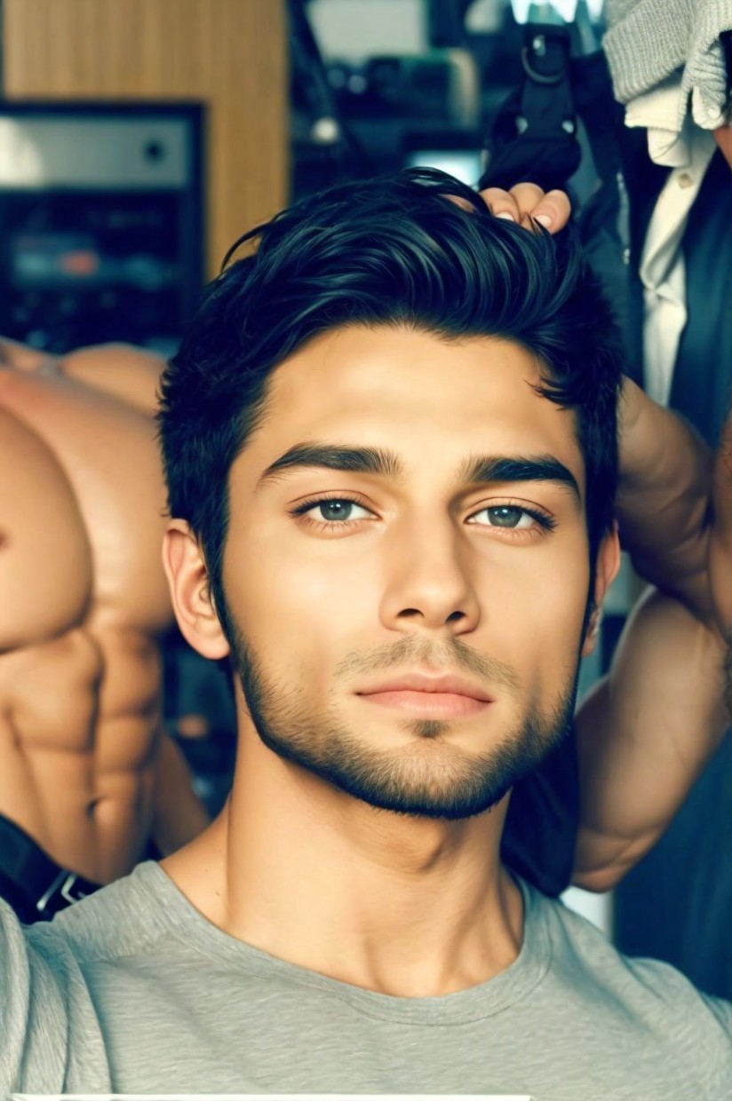 Styled hair young man with light stubble in gym setting with out-of-focus figures