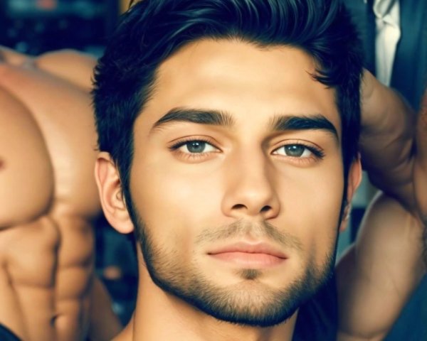 Styled hair young man with light stubble in gym setting with out-of-focus figures