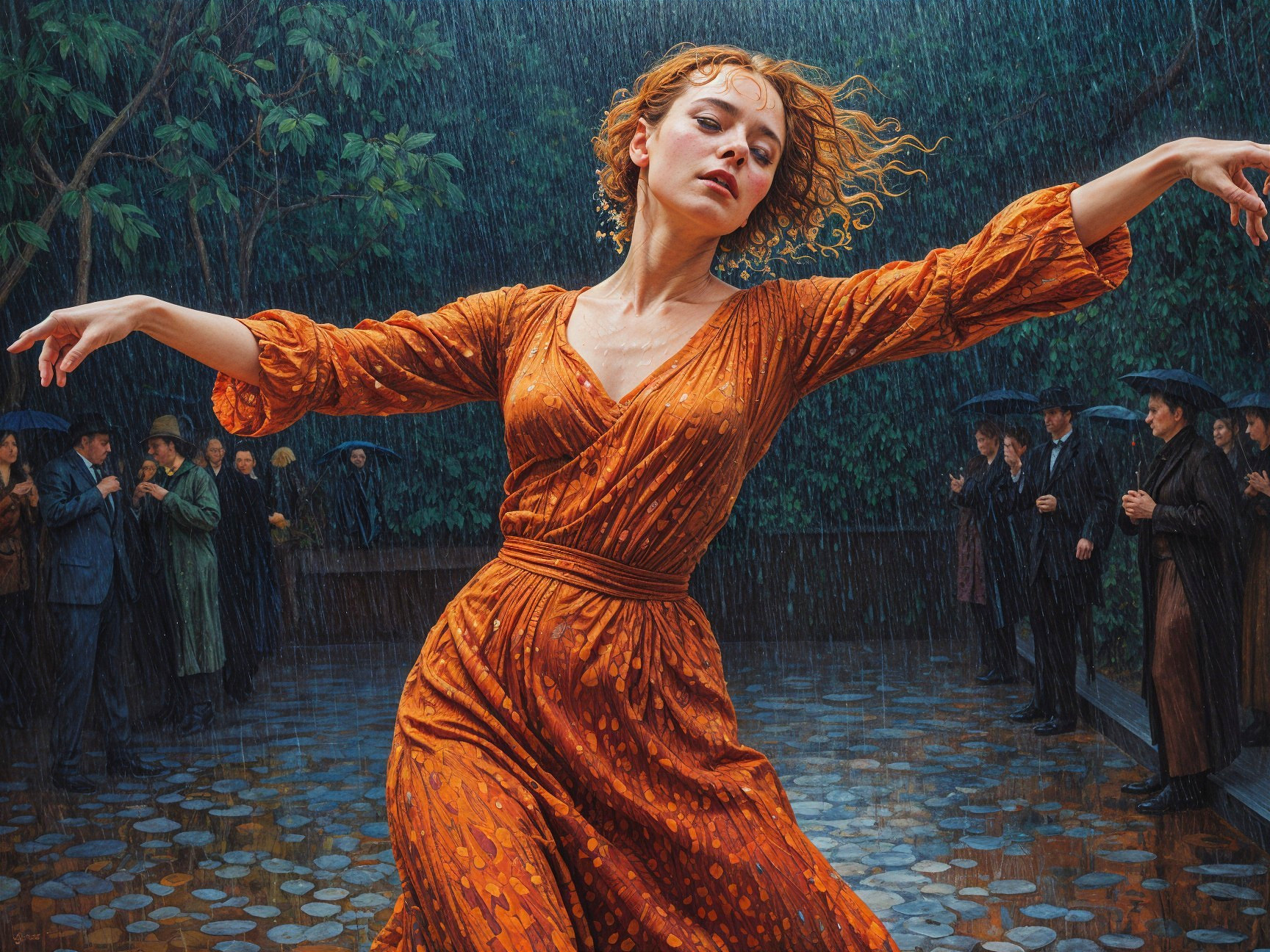Woman in Orange Dress Dances in Rainy Garden