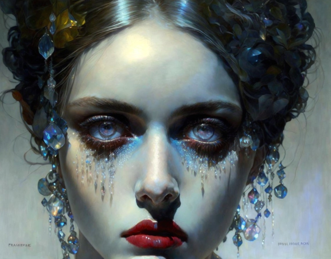 Close-up of a female face with crystals and dramatic makeup