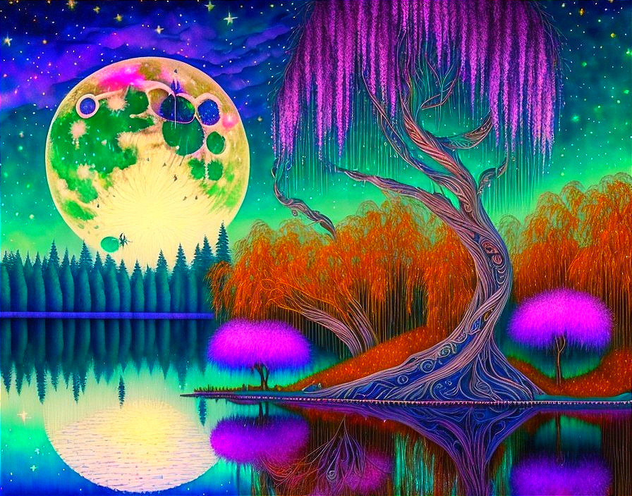 Surreal Landscape with Colorful Tree and Luminous Moon