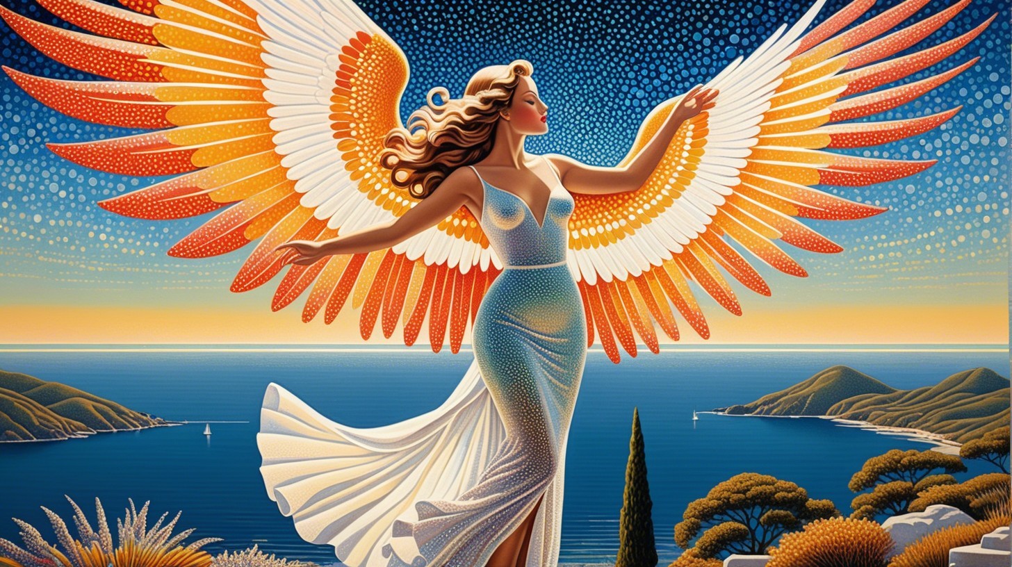 Majestic figure by the sea with vibrant wings