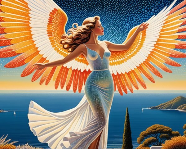 Majestic figure by the sea with vibrant wings
