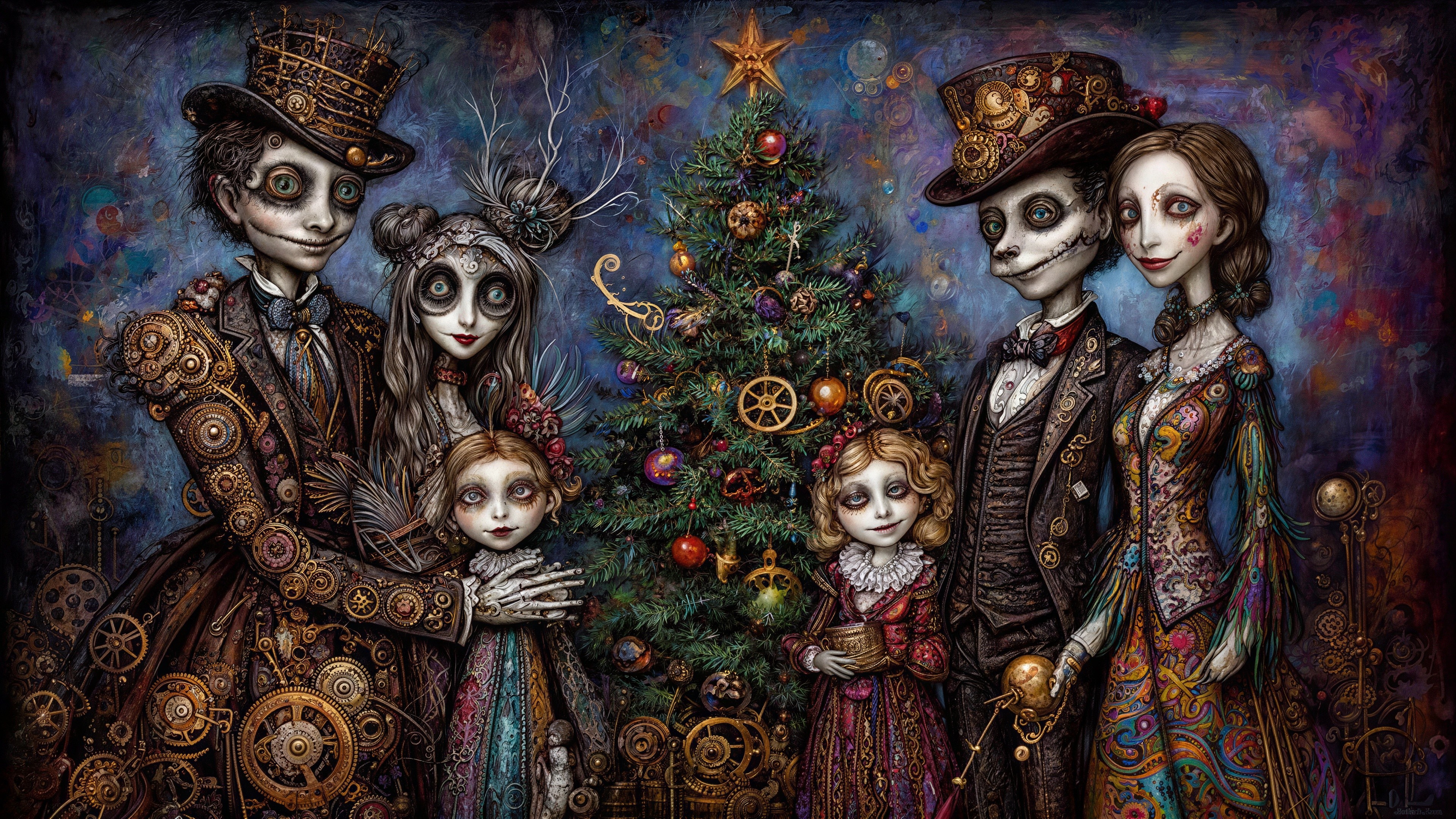 Steampunk Family in a Christmas-Themed Painting