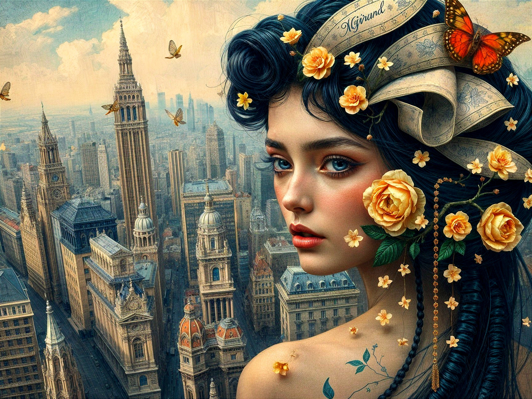 Portrait of a woman with dark hair and cityscape backdrop