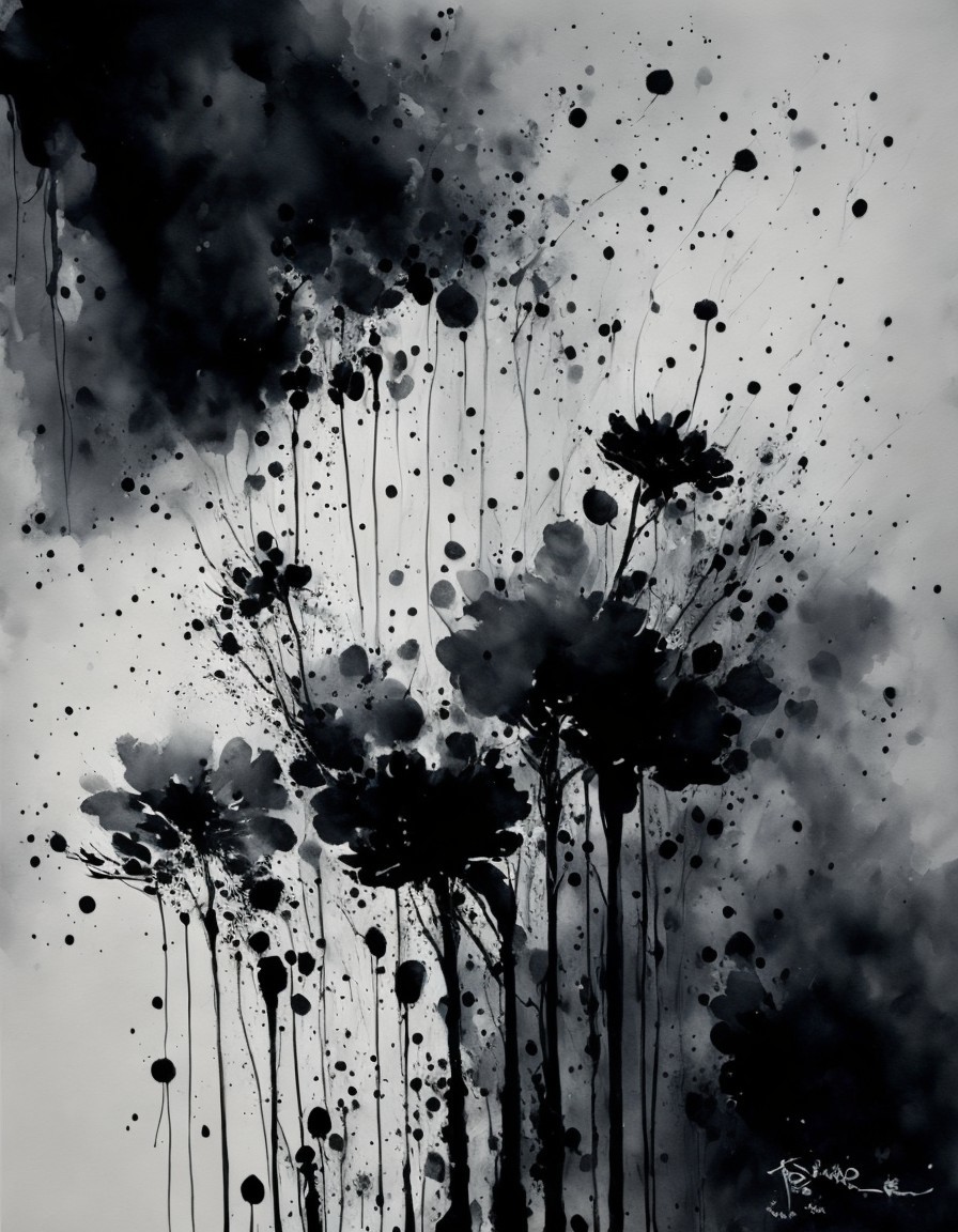 Abstract monochrome painting of flowers with ink splatters and fluid, ephemeral patterns