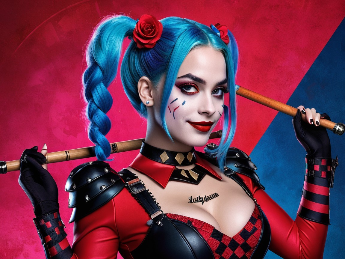 Character with Blue Hair in Checkered Outfit and Bat