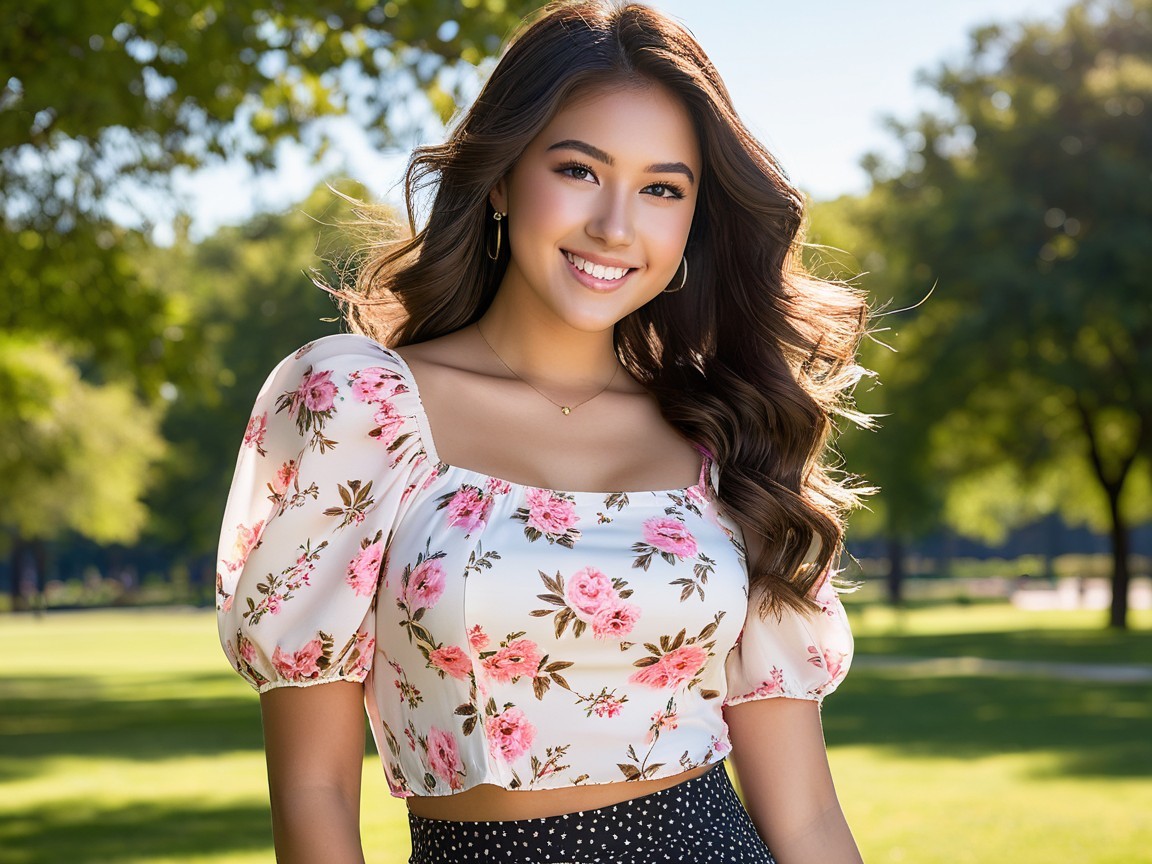 Young Woman in Floral Top Smiling in Sunlit Park