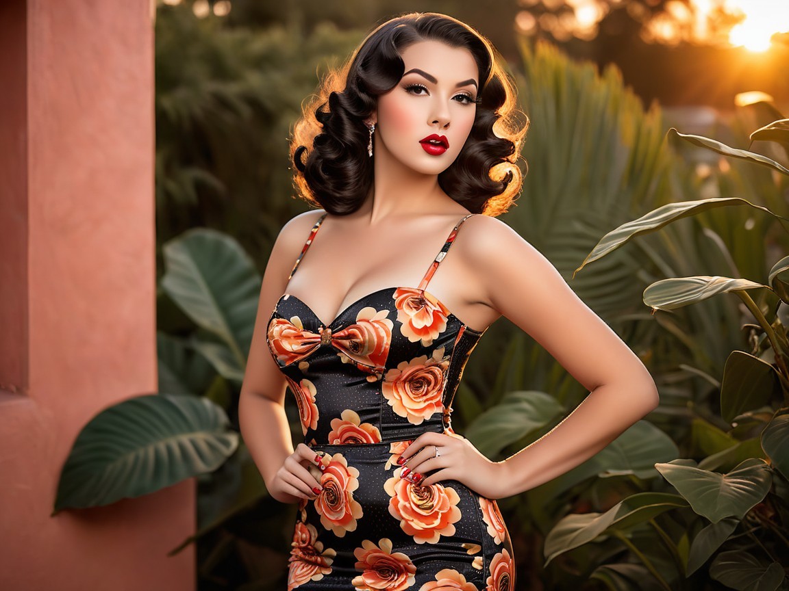 Glamorous Woman in Vintage Floral Dress at Sunset