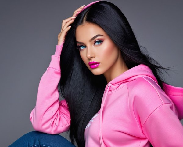 Young woman in pink hoodie with striking features