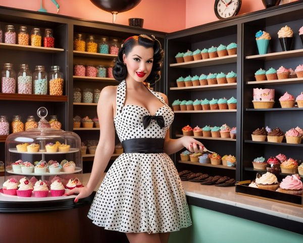 Retro Woman in Polka Dot Dress at Charming Bakery