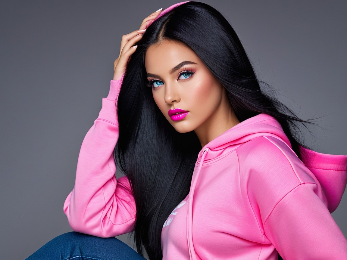 Young woman in pink hoodie with striking features