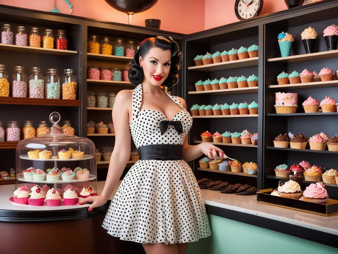 Retro Woman in Polka Dot Dress at Charming Bakery