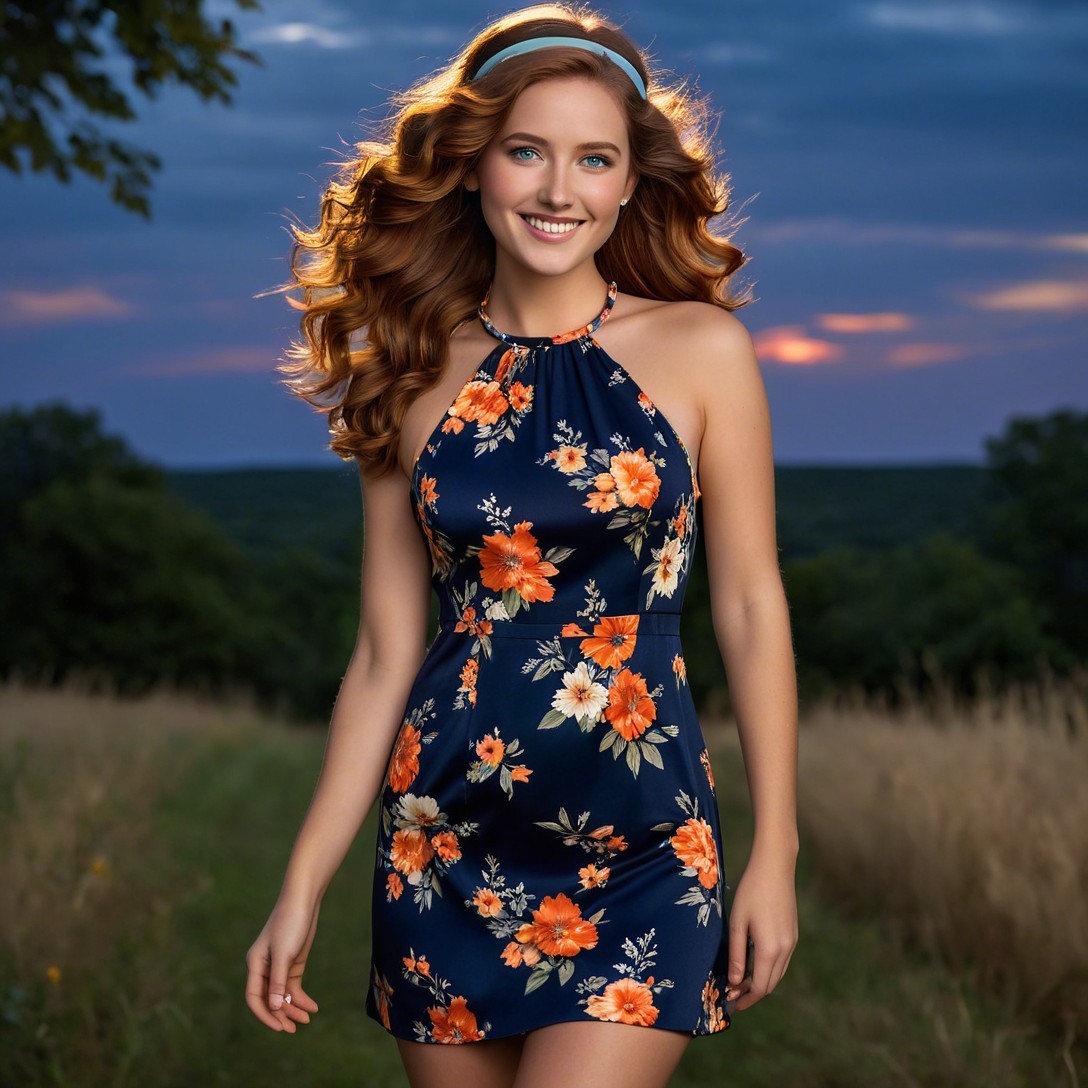 Young woman in floral dress in twilight field