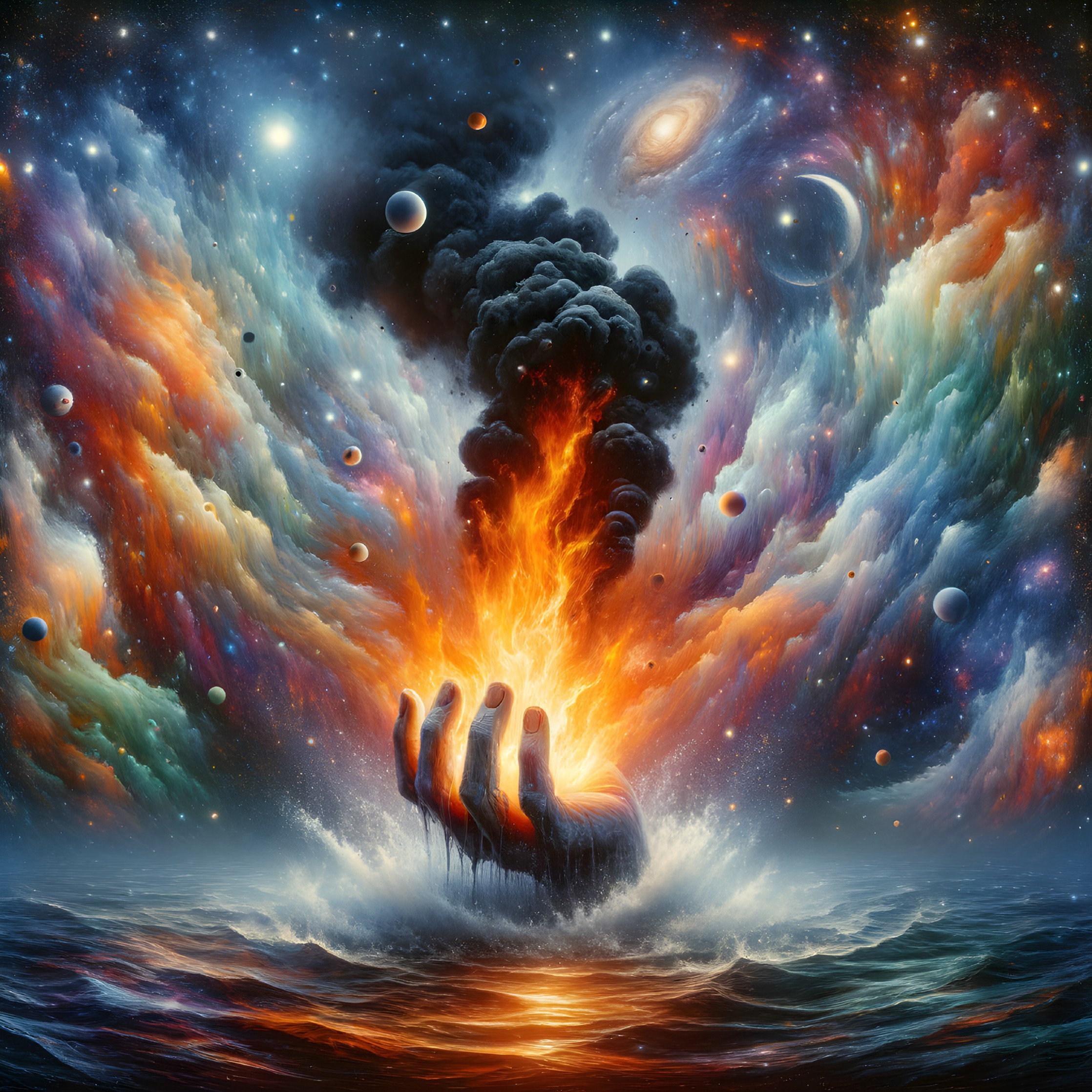 Surreal cosmic painting: Hand emerging from sea in fiery explosion