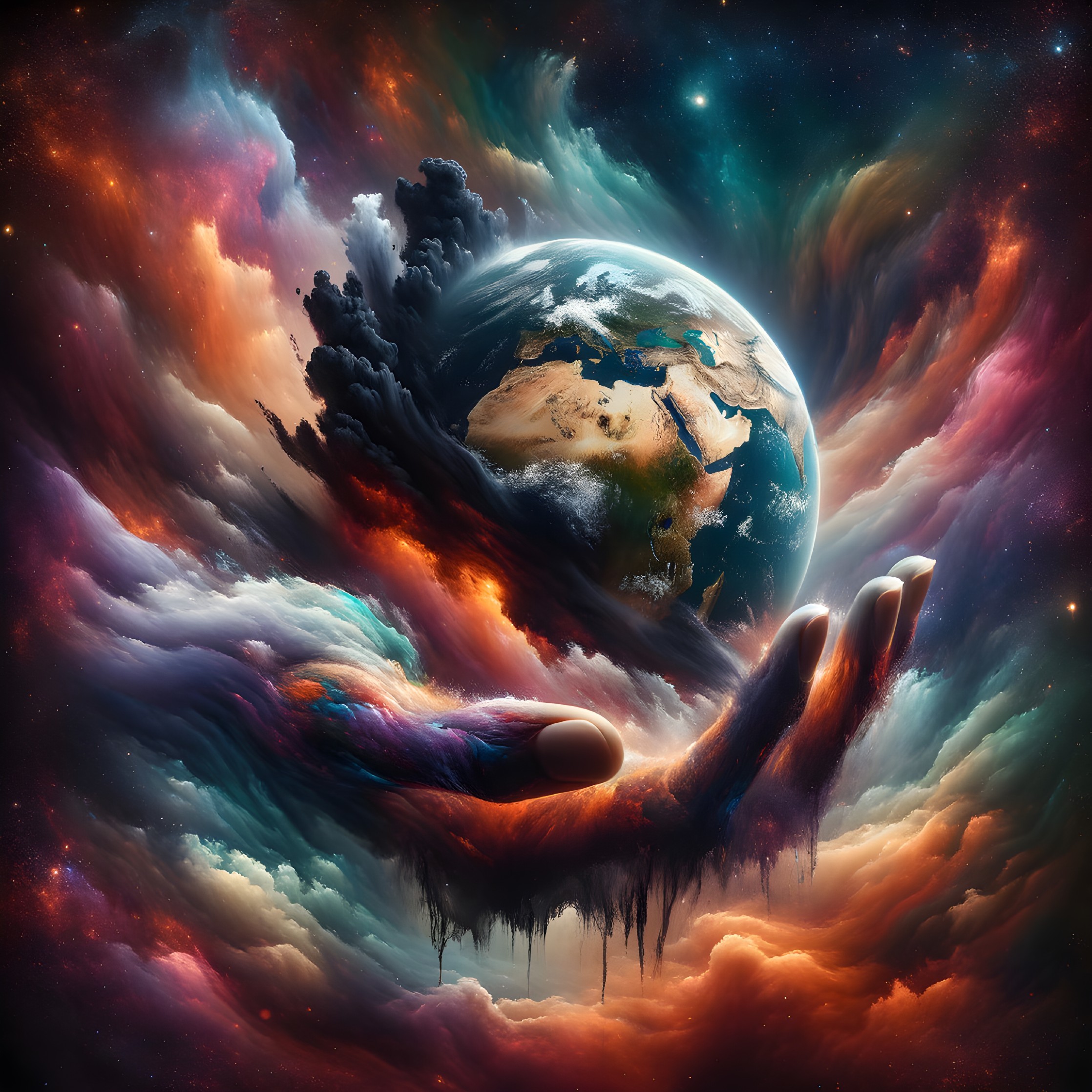 Surreal Cosmic Scene with Giant Hand Cradling Earth