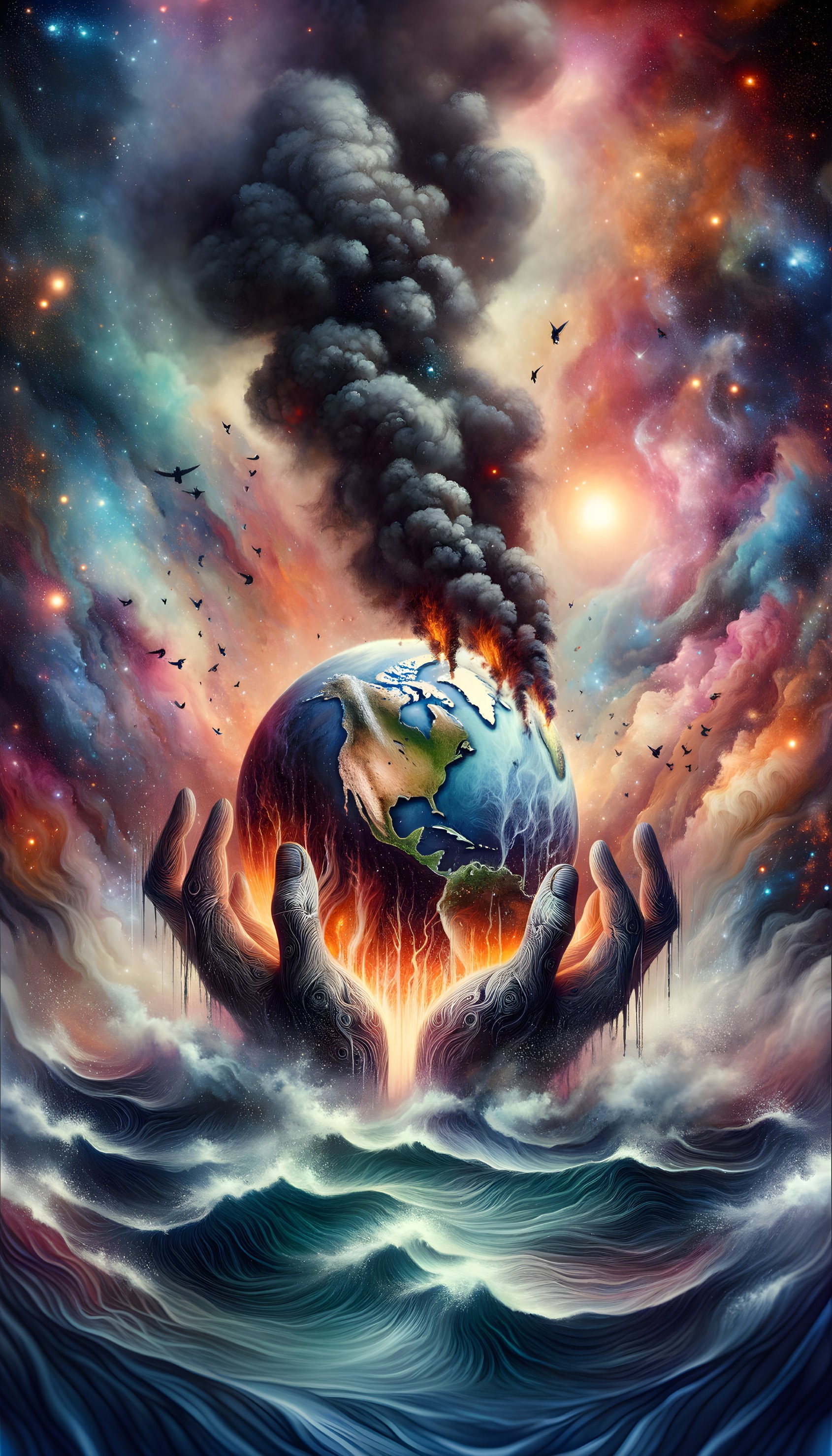 Vibrant Artwork of Hands Cradling Burning Earth in Cosmos