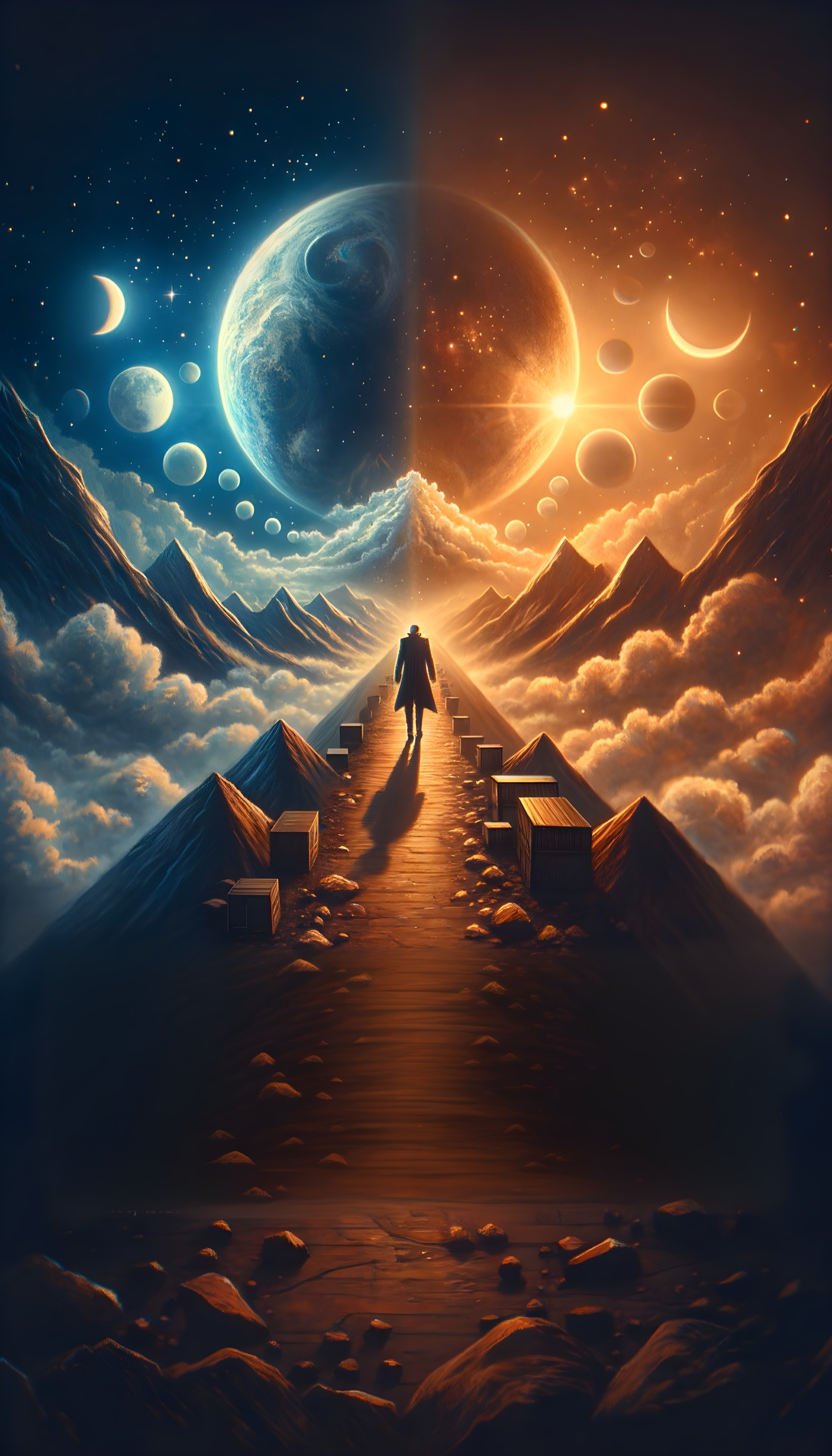 Dual World Stairway Scene with Moon, Planets, and Mountains