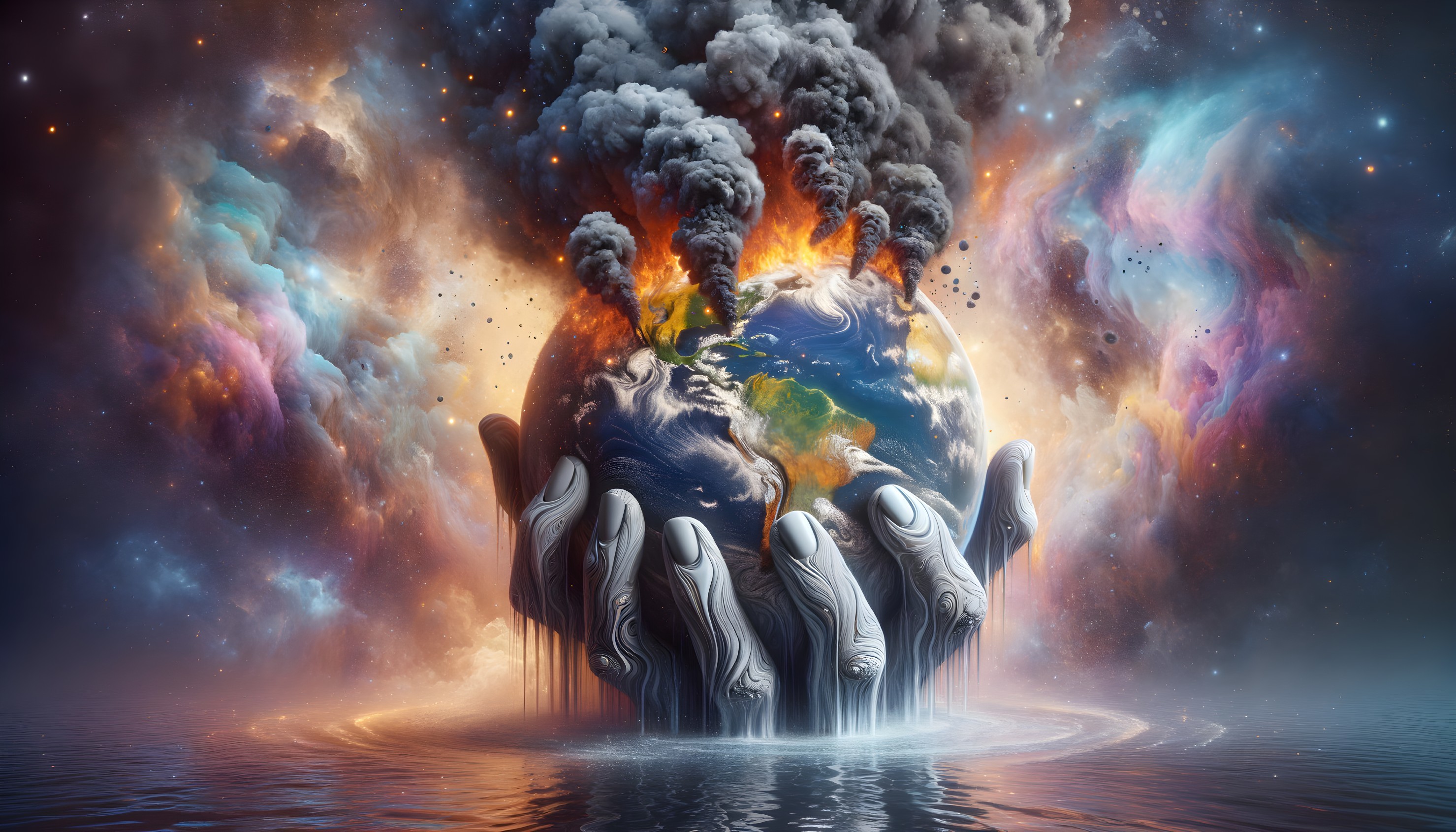 Surreal Image of Earth Held by Large Hands with Nebulae