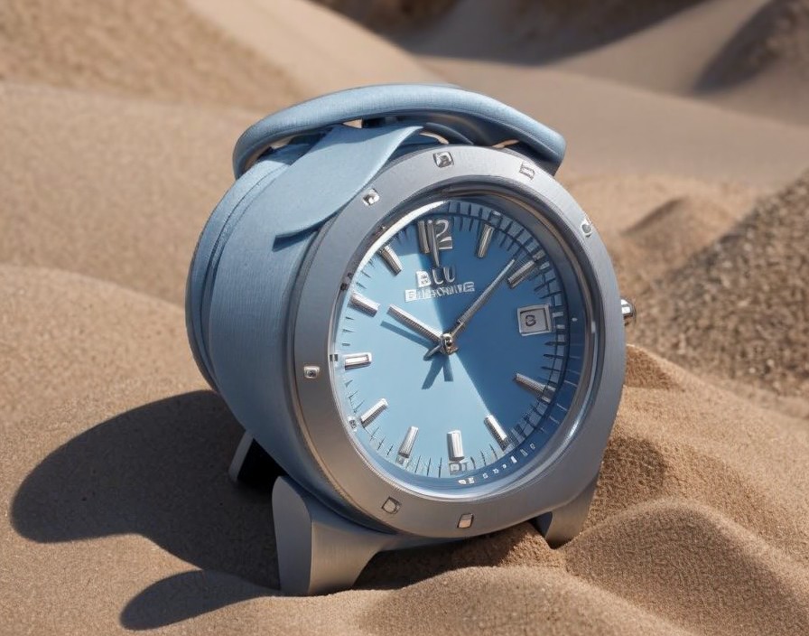 Blue Face Stylish Wristwatch with Silver Hands on Sandy Surface