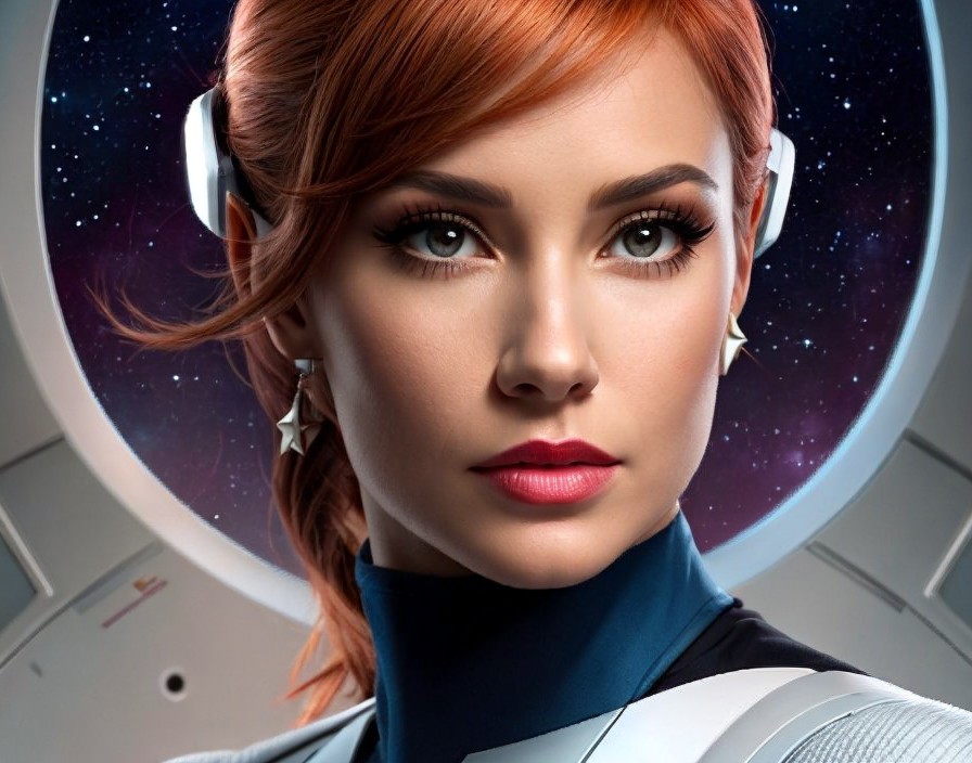 Red-haired woman in futuristic space suit against spacecraft window
