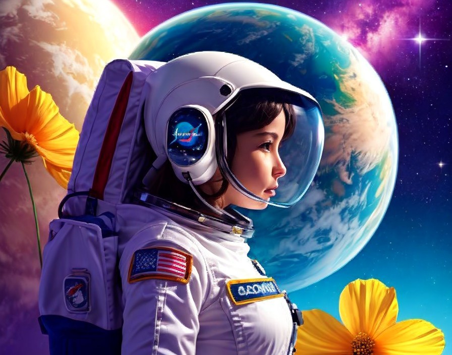 Female astronaut digital art with reflective visor, Earth, cosmos, and vibrant flowers.