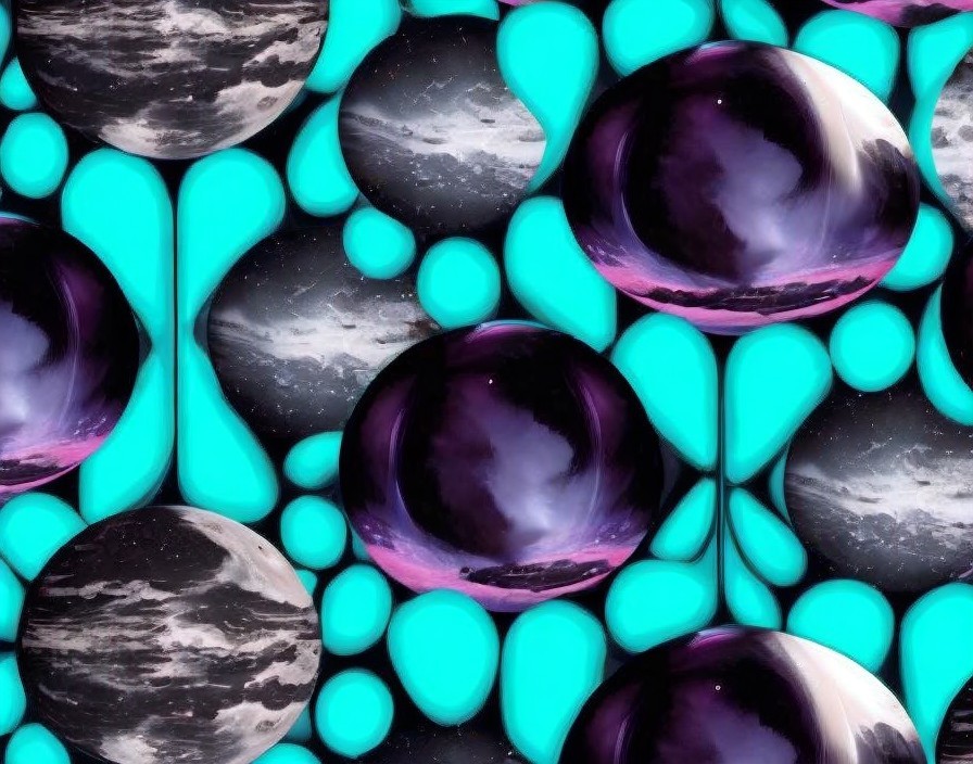 Teal abstract pattern with moon-like orbs on galactic backdrop