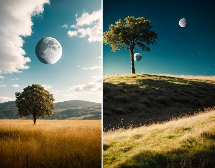 Diptych contrasting lone tree under day and night skies with oversized moon.