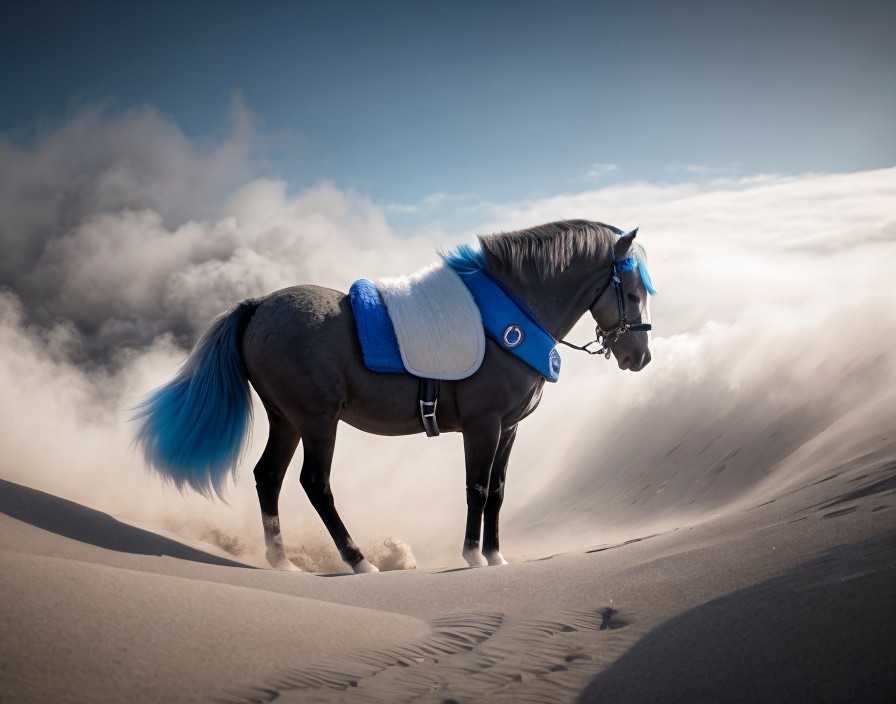 Majestic dark horse with blue mane on sandy dune under wispy clouds