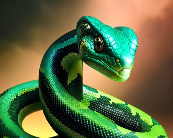 Vivid Green Snake with Textured Scales on Orange Background