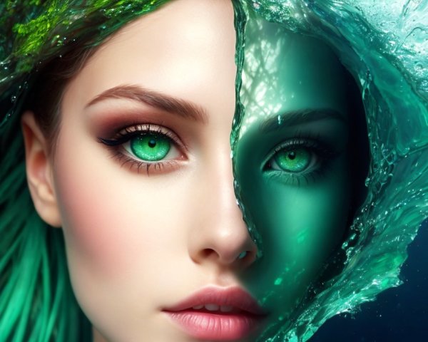 Close-up Portrait of Woman with Striking Green Eyes Submerged in Water