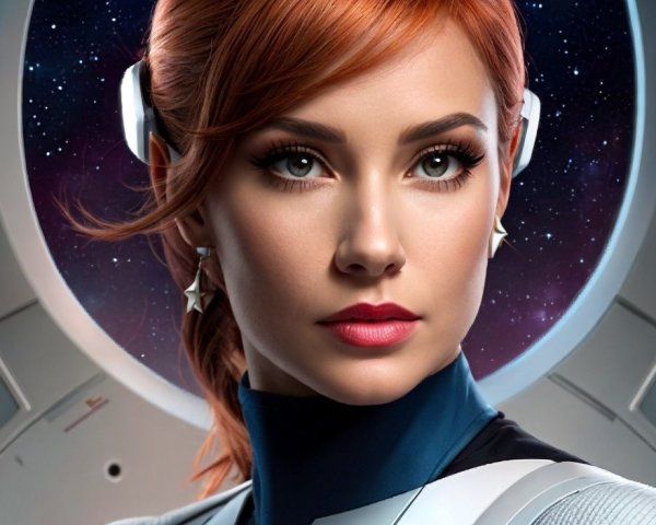 Red-haired woman in futuristic space suit against spacecraft window