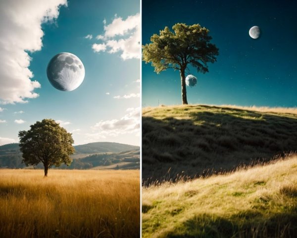 Diptych contrasting lone tree under day and night skies with oversized moon.