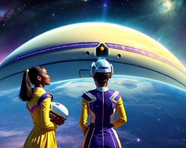 Futuristic space suits observe Earth from spaceship deck.