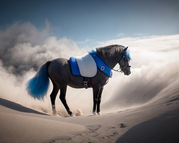 Majestic dark horse with blue mane on sandy dune under wispy clouds