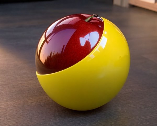 Shiny spherical object split into red and yellow sections on surface
