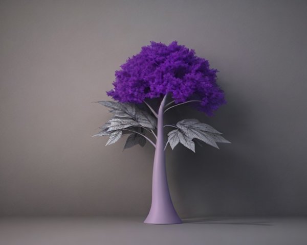 Purple tree with slender trunk and silver leaves on gray background