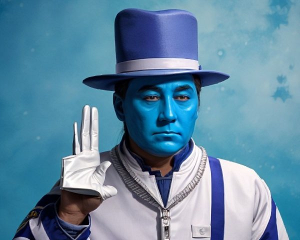 Blue-painted face and lips with tall hat and costume on blue speckled background