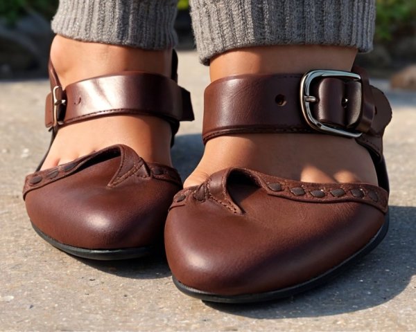 Brown Leather Mary Jane Shoes with Buckle on Concrete Surface