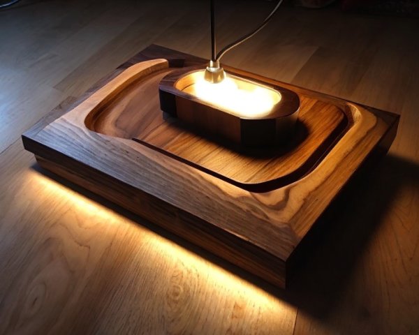 Curved wooden lamp casting warm glow on floor