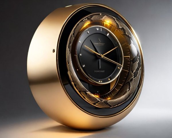 Round Gold Watch with Black Face and Illuminated Side - Elegant Hands and Logo at 12 o'clock