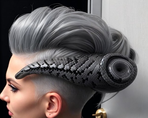 Coiled snake hairstyle with silvery-gray hair and textured scales
