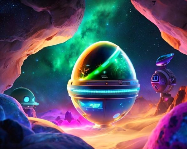 Vibrant sci-fi illustration: large orb, space battle, robot, cosmic background.