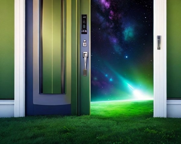 Open door showing vibrant night sky and lush green lawn merging with outer space