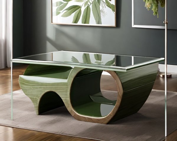 Glass Top Coffee Table with Curved Green Base and Built-In Shelf on Neutral Rug in Plant Decor Room